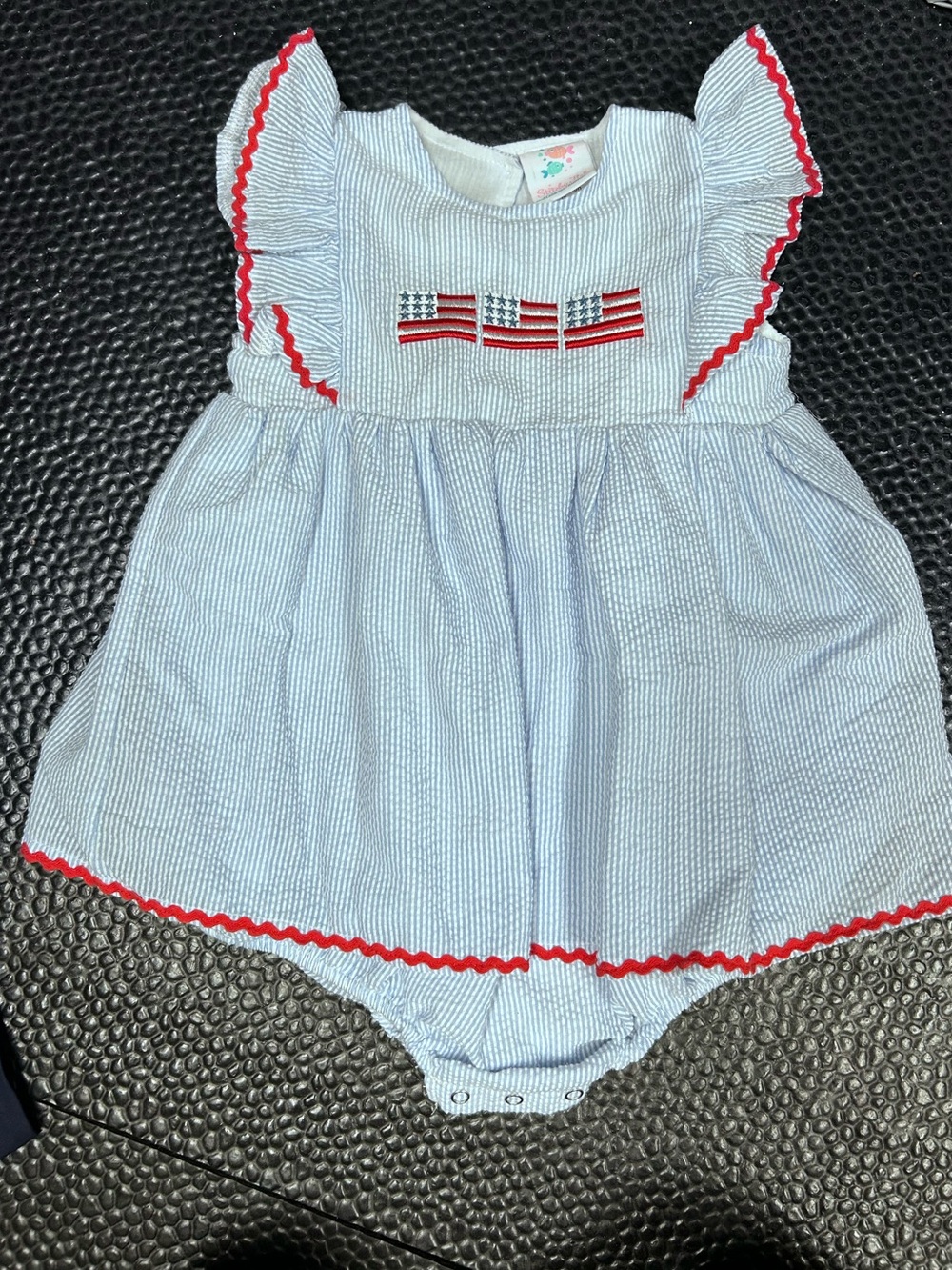 Stitchy Fish Seersucker Flag Dress Romper 3T